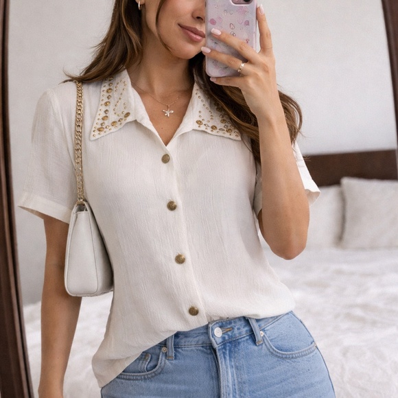Vintage Tops - Vintage Studded Button Down Blouse Size Medium White Off-white